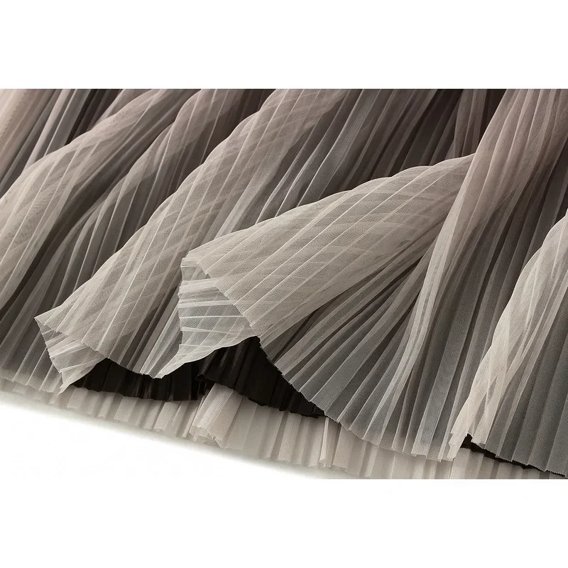 Elegant High Waist Pleated Skirts For Women 2025 Summer Fashion Vintage Women's Gradient Midi Skirt Female Luxury A-Line Skirt