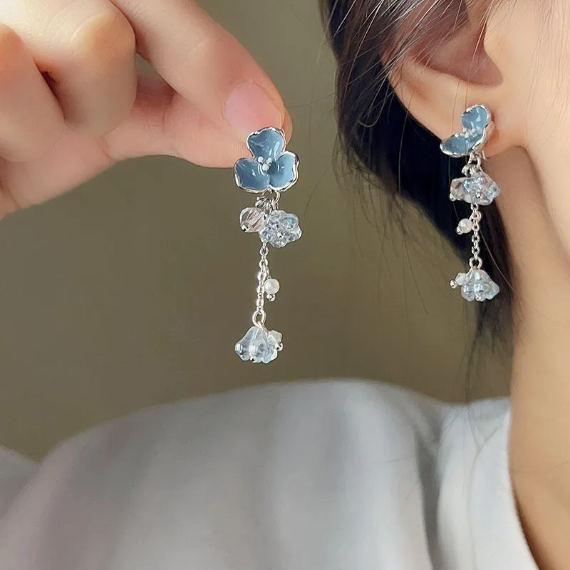 Temperament Blue Enamel Flower Long Tassel Drop Dangle Earrings for Women Charm Crystal Zircon Stud Earring Jewelry Accessories