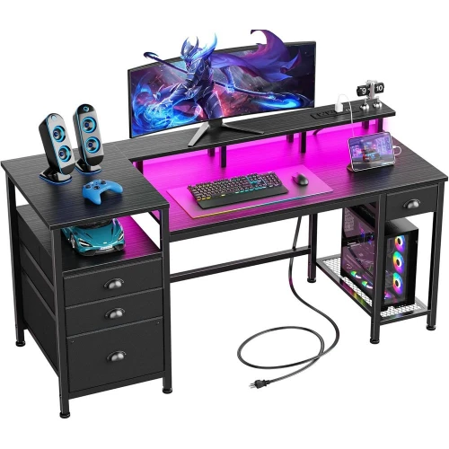 

60" Black Computer Desk, 4 Drawers & Printer Space, LED Lights,USB Outlets, File Cabinet with Shelf for Home Office Gaming Study