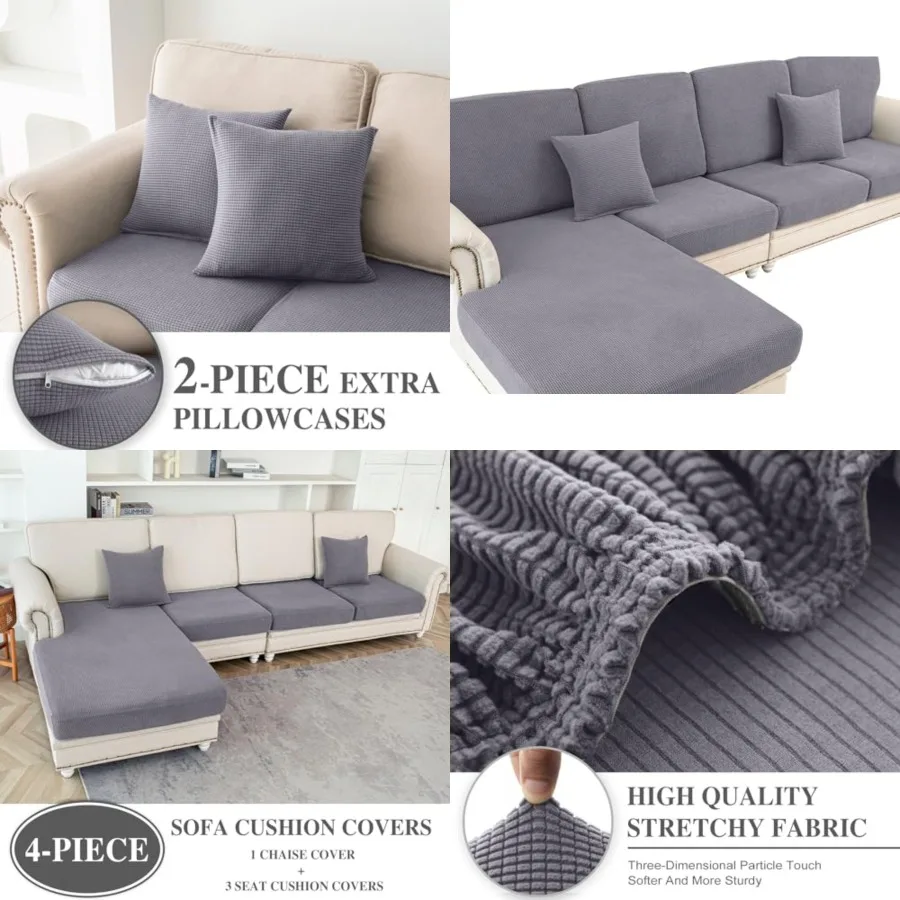 

Couch Cushion Covers for Sectional Sofa L Shape Washable Separate Seat Chaise Couch Cover Stretch Sofa Slipcovers with 2 Pcs Pillowcases(3 Seater + 1 Chaise, Light Grey)