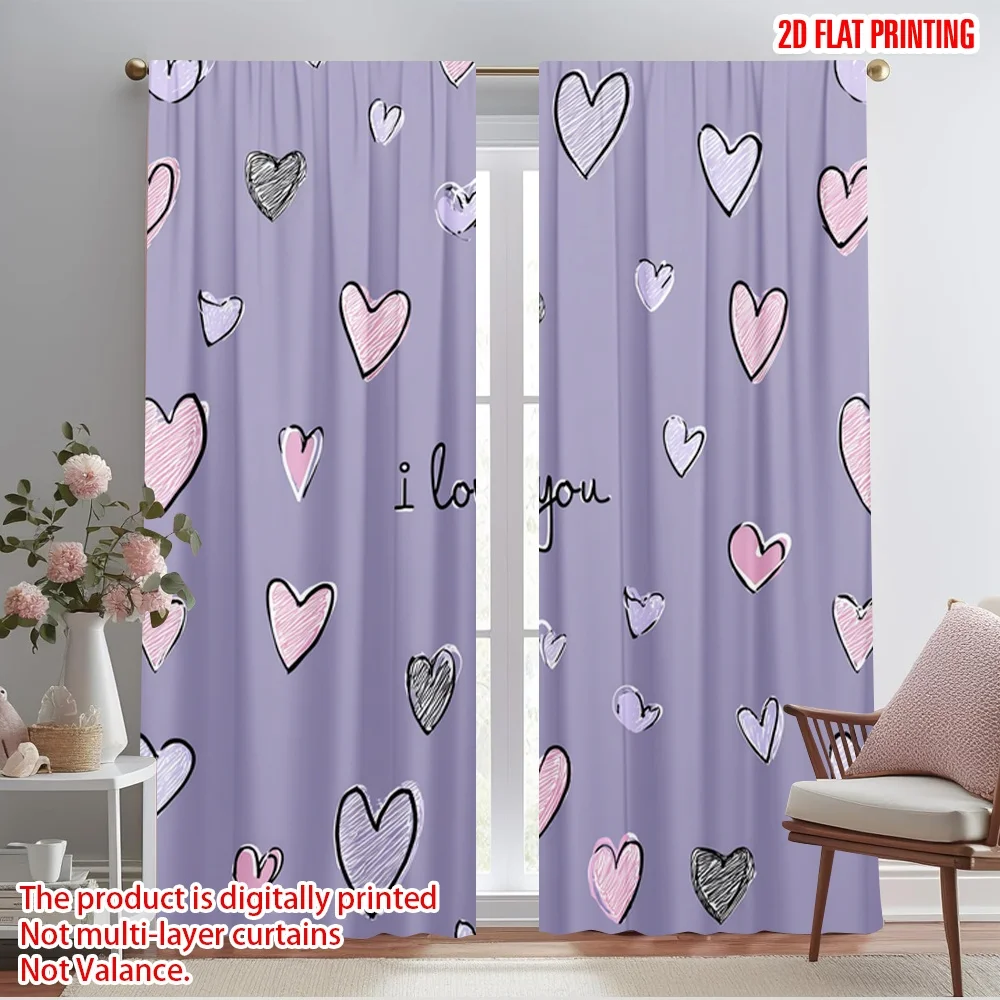 2pcs,2D plane printing Light Filtering Curtains Scribbled Hearts Love Versatile Durable Polyester (without rod) Room Decor Ldeal