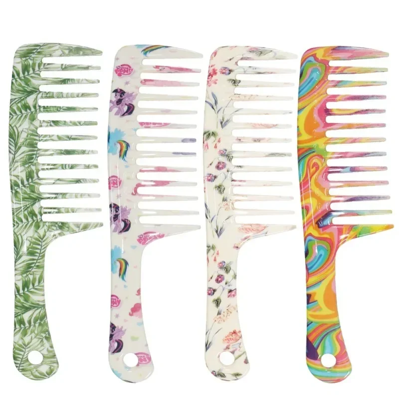 Color Water Transfer Printing Large Toothed Comb with Straight Handle, Large Size Wide Toothed Comb, Curled Hair Comb,