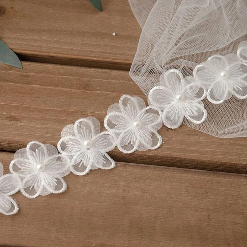 

R1WE 1 Yard Handmade Flower Embroidered White Lace Trim Ribbon Pearl Beaded Applique Wedding DIY Garment Sewing Accessories