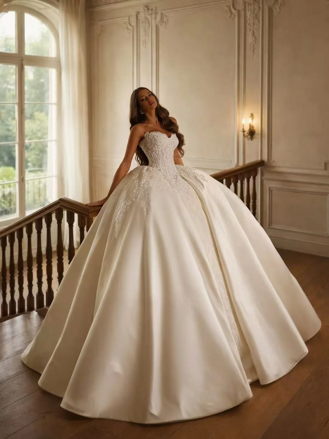 Luxury Satin Ball Gown Wedding Dress Sweetheart Princess Bridal Gown Lace Appliques Cathedral Train Custom Made