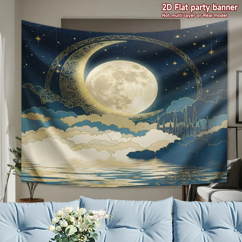 Fond de photographie 2D plat, 1 pièce, design château doré sous la lune réfléchissant dans l'eau, toile de fond pour photomaton