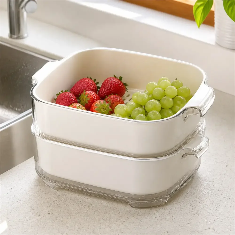 Ivory White Double Layer Colander Wash Basin Set Drain Basket Fruit Vegetables Kitchen Sink Countertop Food Preparation Bowl