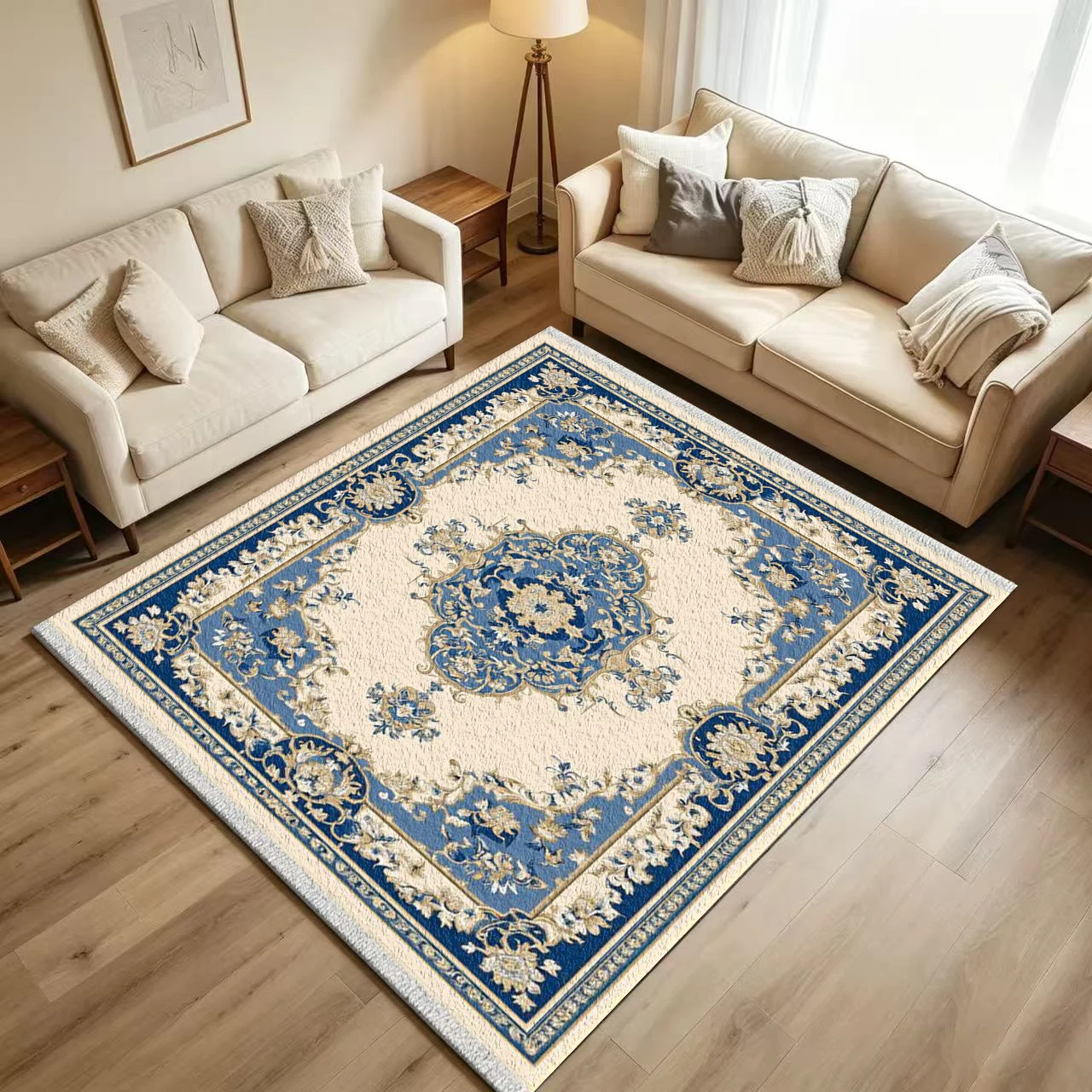 Classic Blue Beige Medallion Carpet Flooring European Baroque Floral Scroll Ornate Border Vintage Art Pattern Printed Floor Rug for Household Indoor Living Room Home Decoration