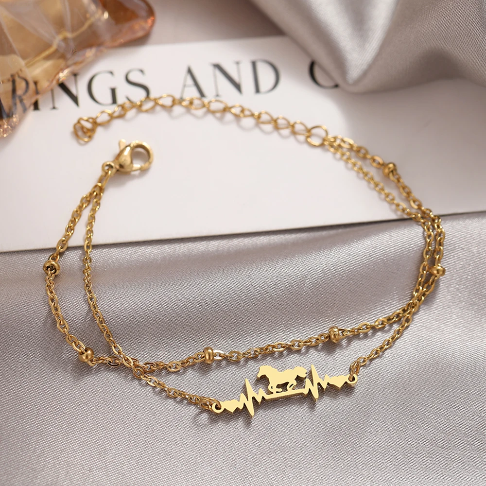 Stainless Steel Bracelets Fashion Heartbeat Horse Pendant Multi-Layer Bead Chain Charms Bracelet For Women Jewelry Party Gifts