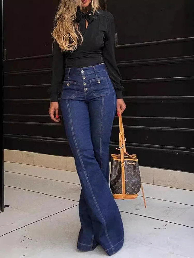 XIZOU Vintage Blue Jeans for Women Elastic Washed High Waisted Cargo Pants Streetwear y2k Black Wide Leg Jeans 2024 Fashion