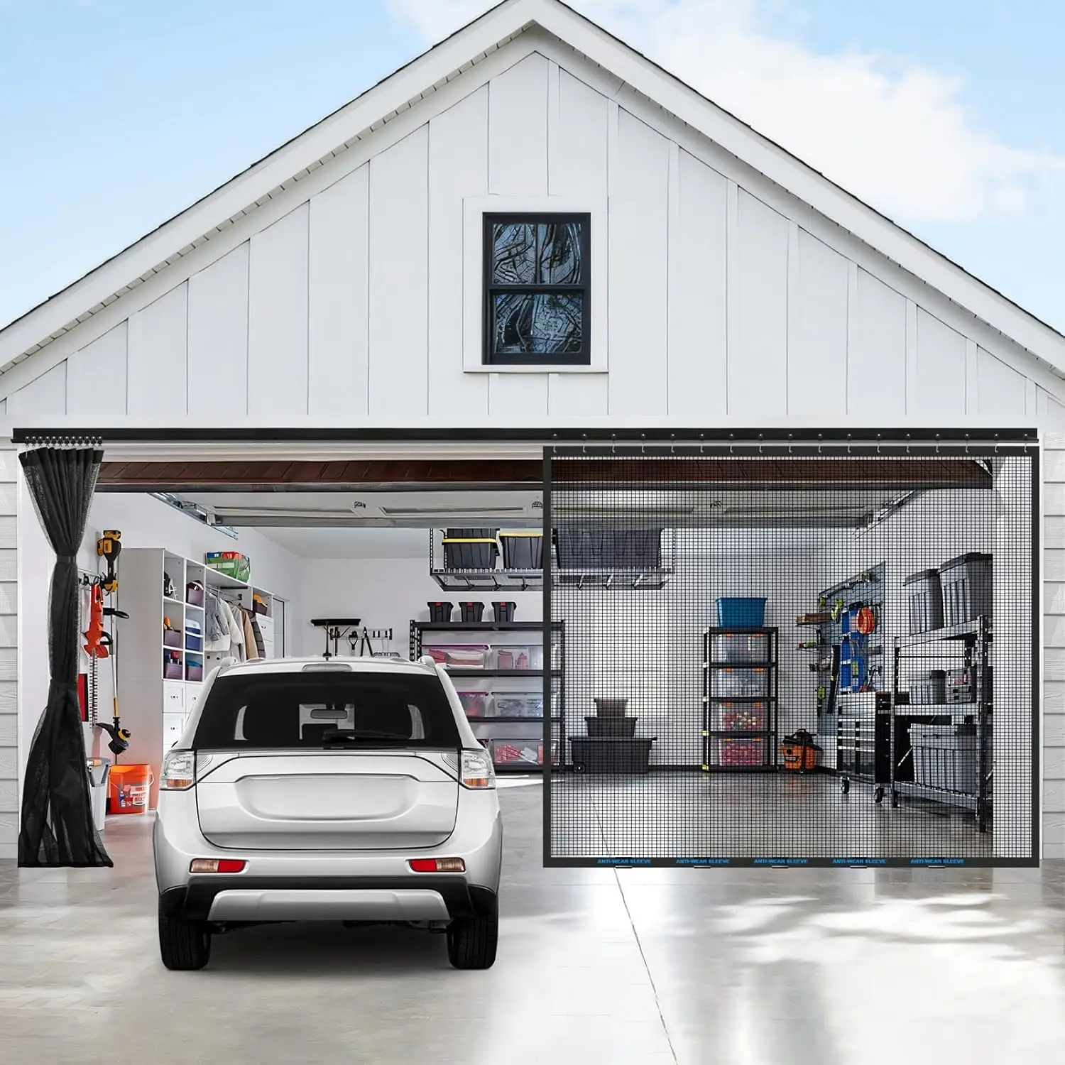 Sliding Garage Door Screen 16x7FT for 2 Car Garage Doors, Magnetic Garage Screen with Track Closure, Heavy-Duty New 275g/㎡ M