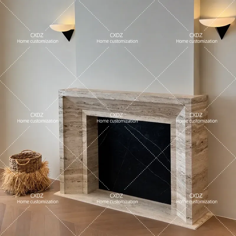 Wabi Sansan natural gray cave stone fireplace light luxury villa high-end living room stone wall decorative cabinet
