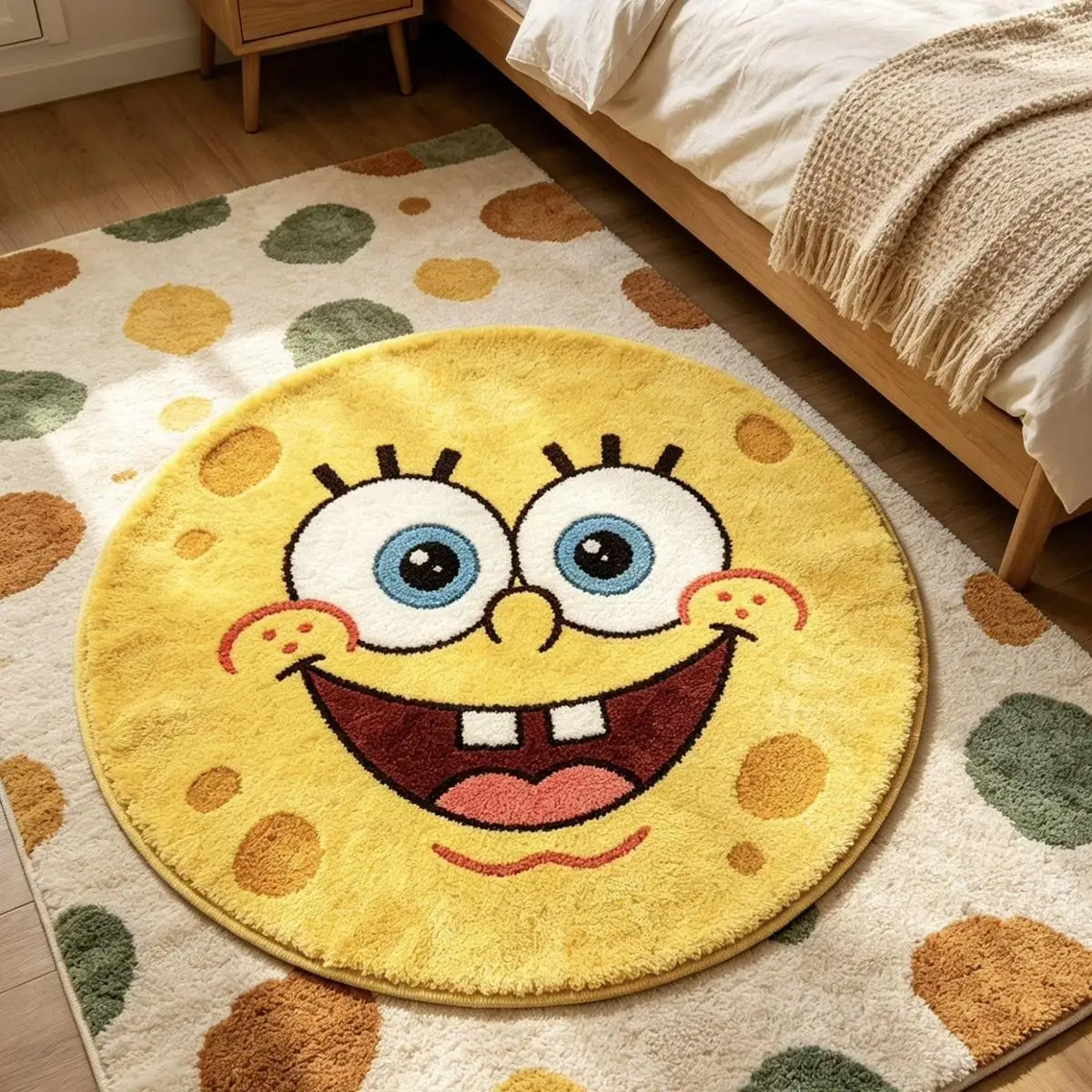 Cartoon SpongeBob Plush Round Carpet Cute SpongeBob Lounge Rug Game Room Chair Mat Sneaker Room Floor Mat Bedroom Decor Rug