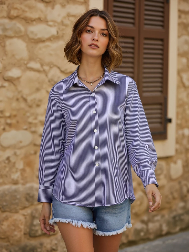 

2026 Spring Summer Classic Striped Woman Blouses Shirt Lady Long Lantern Sleeve Stand Collar Loose Blusas Tops