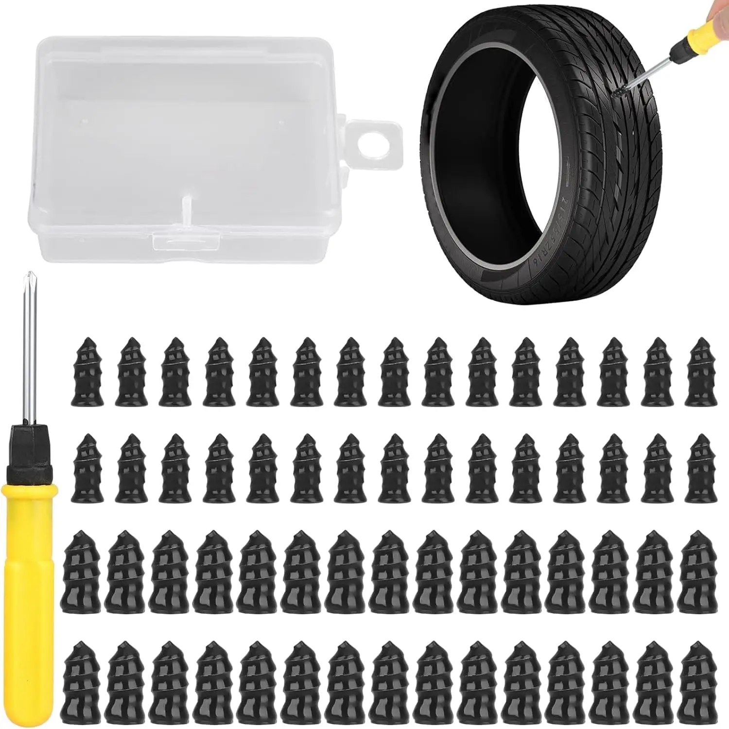 60PCS Tire Plug Kit, Tire Repair Rubber Nails, Vacuum Tyre Repair Screws Fast Repair Kit with a Box, Screwdriver, for Car Motorc