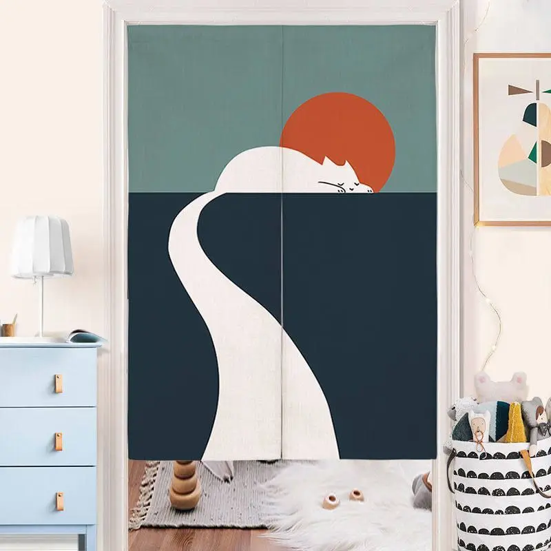 VIKAMA Nordic Abstract Cat Door Curtain, Linen Durable Bedroom Kitchen Entryway Decorative Partition Half Curtain