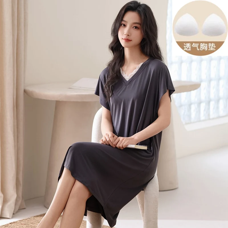 

2026 Summer Short Sleeve Cute Lace V-neck Modal Nightgowns for Women Korean Loose Sleepwear Night Dress Nightdress Home Nighty