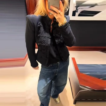 Women Knit Patchwork Napoleon Military Jacket Shoulder Pad Single Breasted Short Blazer Long Sleeve Loose 2026 Fall New Coat 4