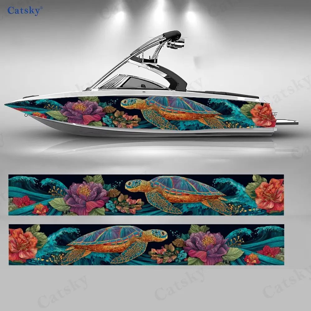 Tropical Floral Coral & Sea Turtle Boat Stickers, PVC Waterproof Vinyl Wrap Decals for Fishing Boats, Durable and Stylish Design