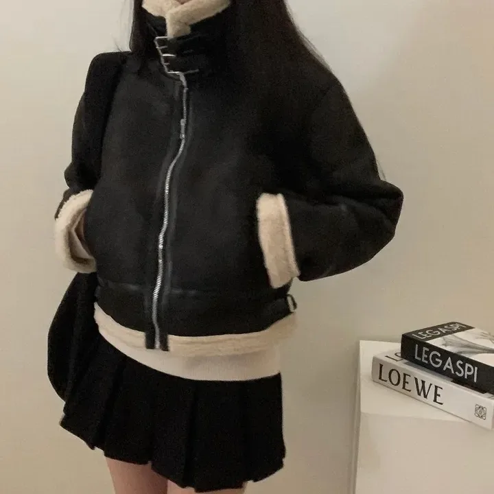 

Chic Retro Suede Biker Jacket Women's Loose Casual Fashionable Top Leather Fur Integrated Korean Style Long Sleeve Coat