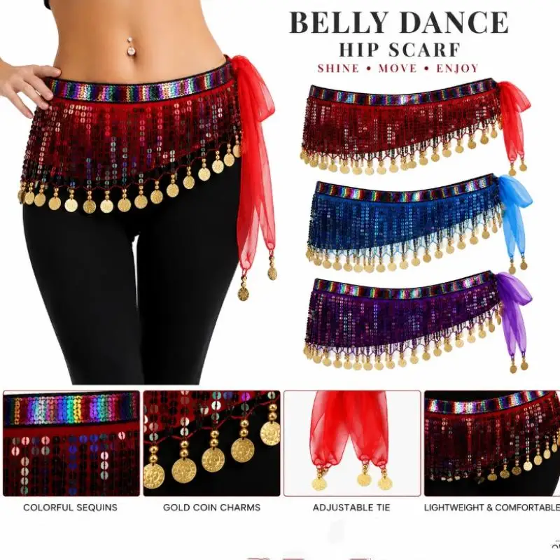 Shiny Sequins Tassel Belly Dance Hip Scarf Waist Belt Wrap Skirt For Halloween Cosplay Party Dance Costume
