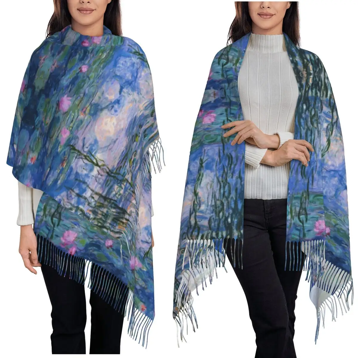 Claude Monet - Water Lilies Scarf Tassel Scarves Women Soft Warm Shawls and Wraps Long Fall Winter Shawl Wrap