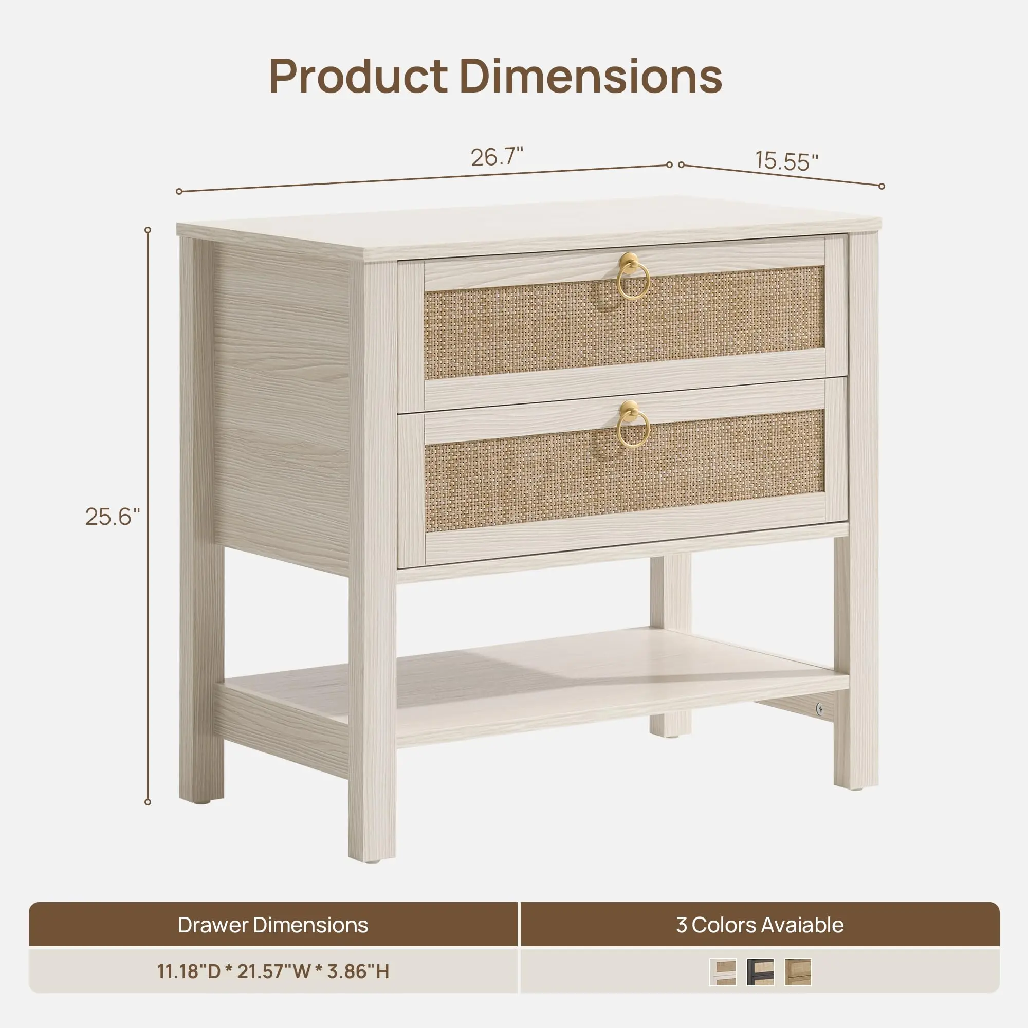 White Rattan Nightstand, Wide Bedside Table with 2 Drawers & Shelf