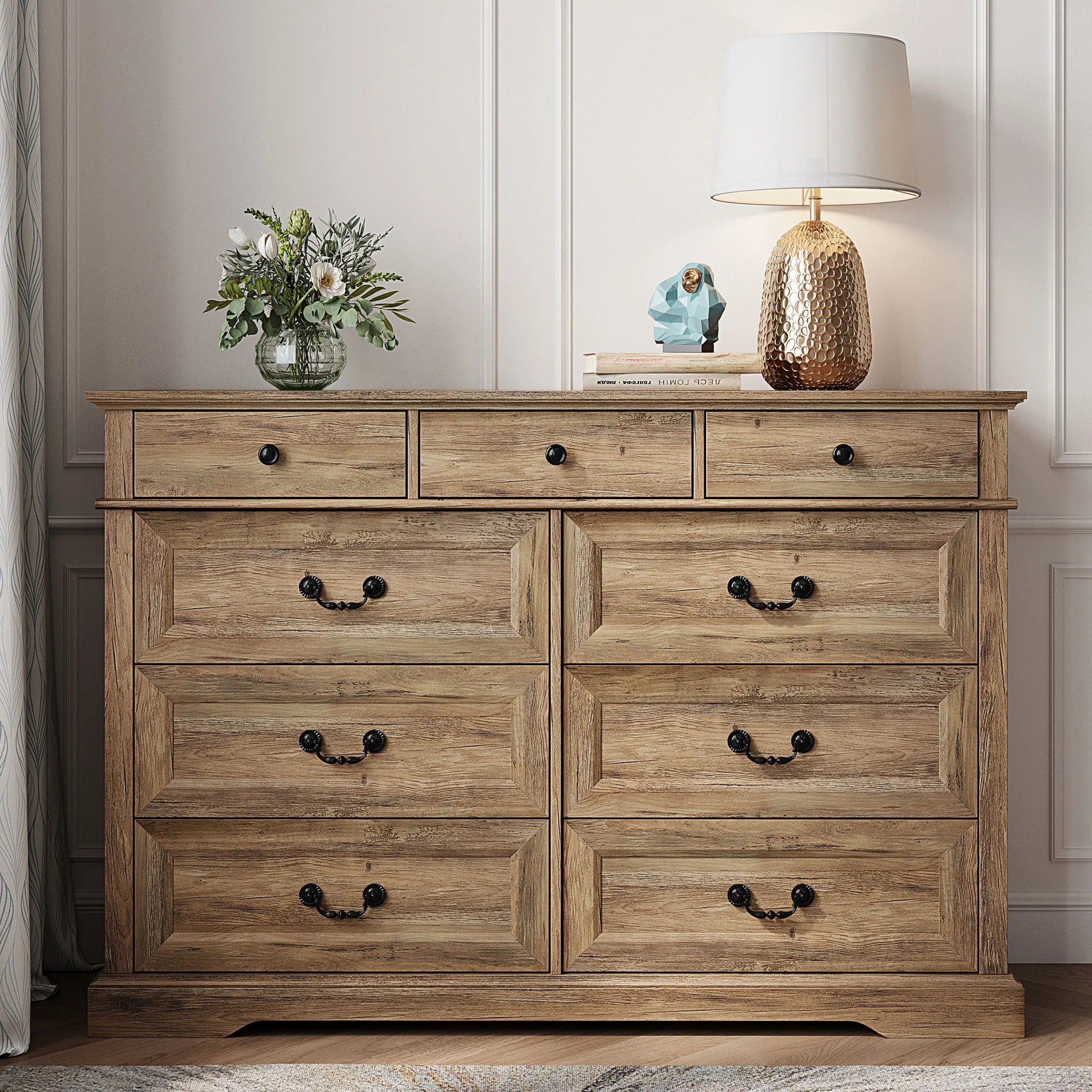 LINSY HOME Farmhouse Dresser for Bedroom, 9 Drawer Long Dresser with Antique Handles, Wood Chest of Drawers, Rustic Brown