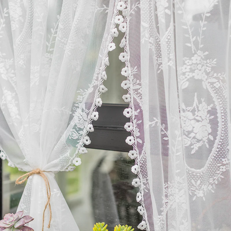 Korean Pastoral White Lace Half Curtain No Punching Short Curtain American Country Kitchen Curtain