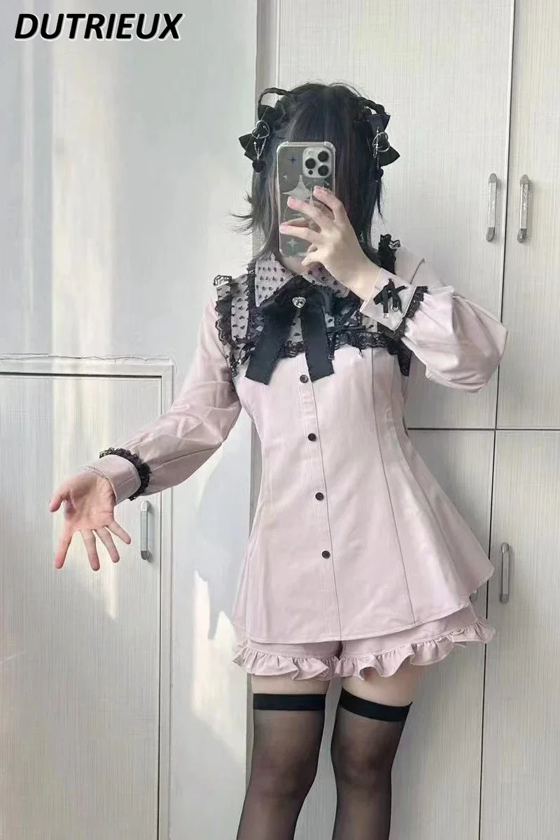 Lolita Mine Series Mass-Produced Heart-Shaped Lace Up Long Sleeve Dress Shorts Suit 2023 Autumn New Sweet Bow Dress 2 Piece Set