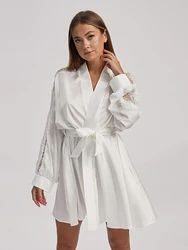 Marthaqiqi Fashion Ladies Sleepwear Sexy V-Neck Robe Lace Long Sleeve Bathrobe Lace Up Pajama White Mini Dress Femme Night Dress