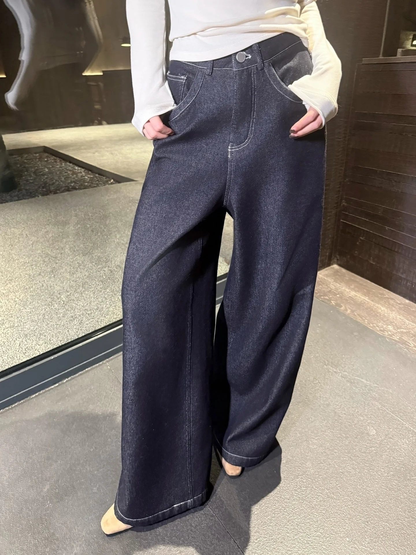 

High Waist Flared Jeans Women's Fce Lined Denim Jeans Deep Blue Waed Cotton Straight Leg Trousers Autumn Winter ALIN