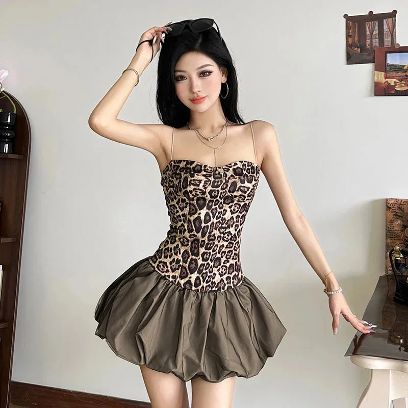 เซ็กซี่เสือดาวพิมพ์ PUFFY ชุดมินิผู้หญิงแฟชั่น Suspendency Patchwork ดอกไม้ Bud ชุดเดรสหญิงแนวโน้ม Streetwear Robes