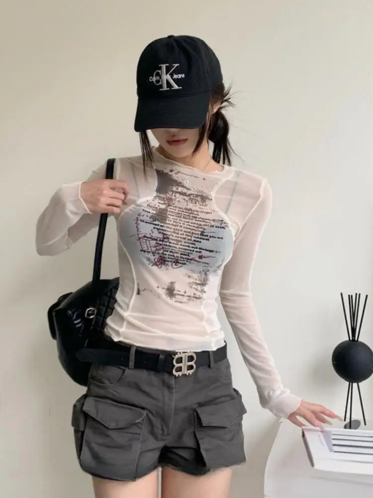 Yedinas Mesh Tops Long Sleeve Korean Fashion See Through T Shirt Women Clothes Summer Tops Grunge Aesthetics Tees Tshirts Y2k