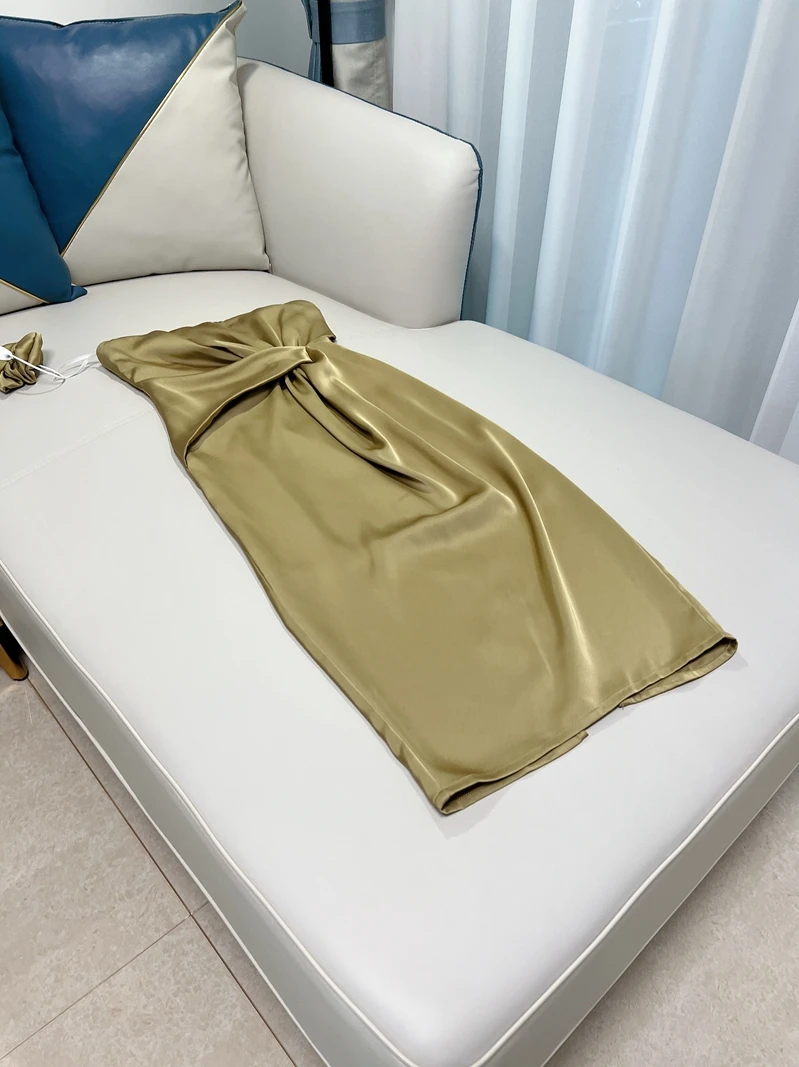 Ele een Silk Satin Dr Sexy oulder Bared Wrap Chest High Waist Long Skirt Vintage Sle  Summer Dr