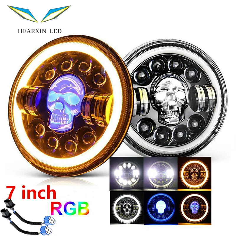 

Hearxin LED 7/5.75 Inch Round LED Skull Headlight Far Near Light DRL 65W With Turn Signal Angel Eyes Shape Motorcycle Headlamps