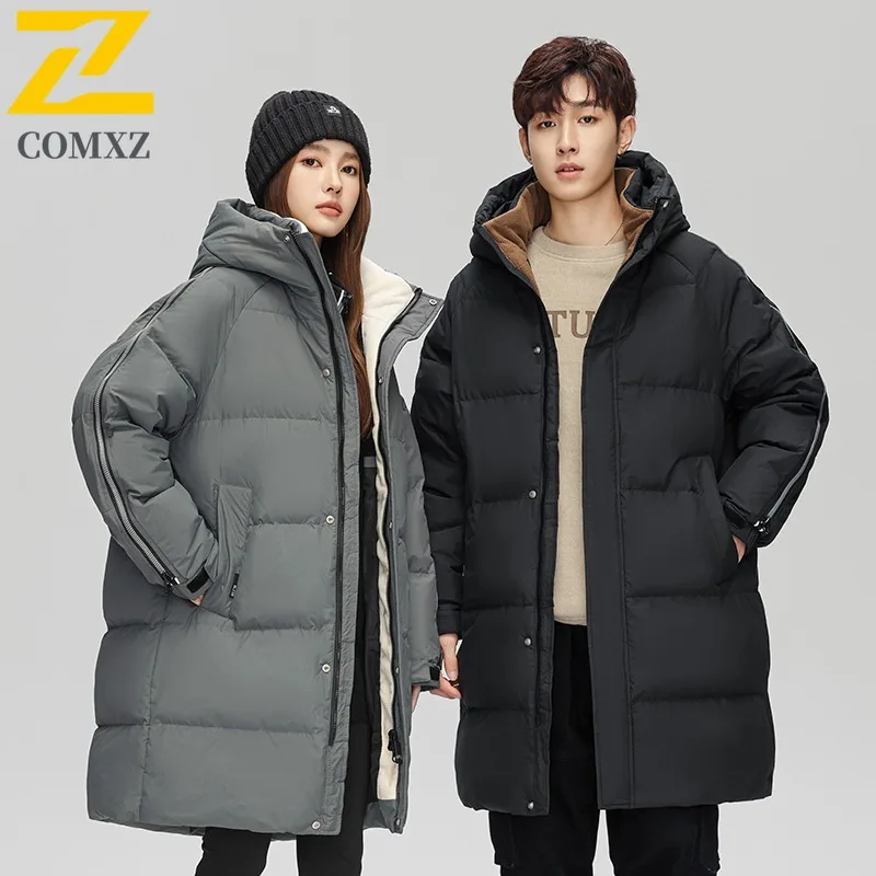 COMXZ New Winter Down Padded Jacket Men Women Korean Fashion Long Warm Thick Padding Coat Outdoor Ski Cold-proof Hooded Parka