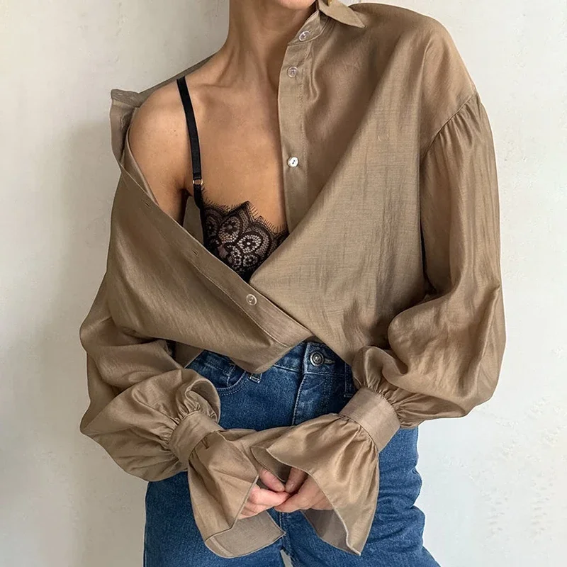 Fmxires Commuting Long Sleeve Shirt Female Sexy See Through Flare Sleeve Casual Loose Blouses Lapel Buttons Shirt Summer Fashion