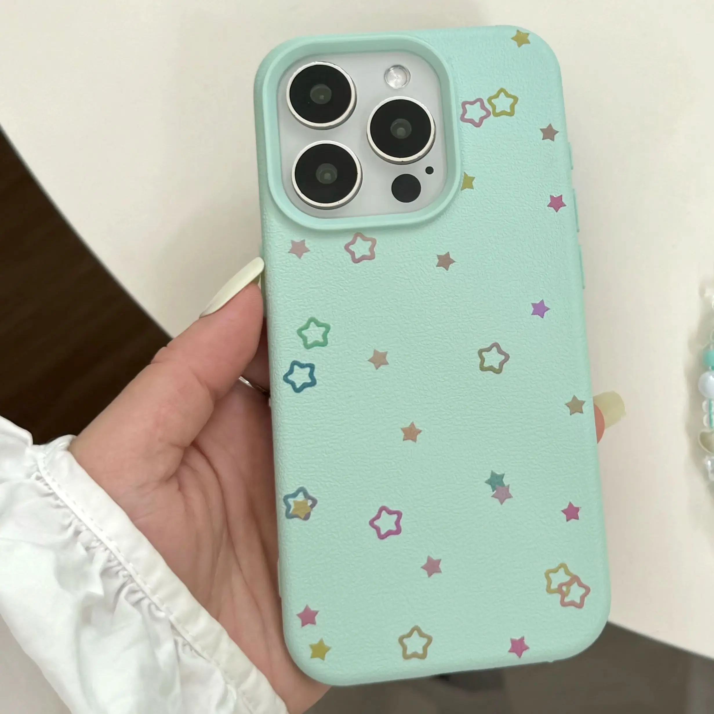 Coque de téléphone en cuir vert menthe pour iPhone, coque arrière, petites étoiles, cordon de poignet Bergame, coréen INS, 16, 15, 14, 13 Pro Max