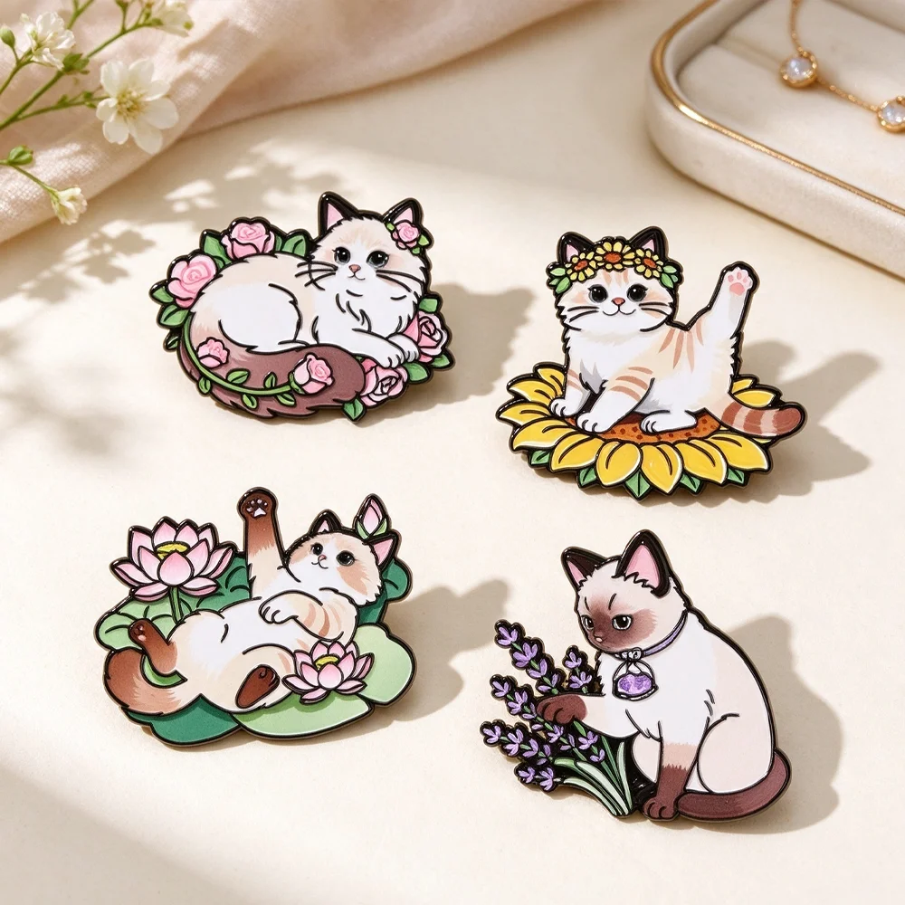 Cute Floral Ragdoll Cat Enamel Brooch Kitten with Sunflower Lotus Lavender Lapel Pin Cartoon Animal Badge Accessories
