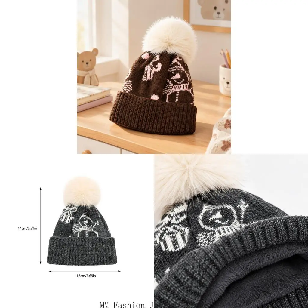 Fleece Interior Kids Winter Hat Bonnet with Pull-On Coverage, Wide Ribbed Band, Snow Figure and Decorative Top Accent D0UB
