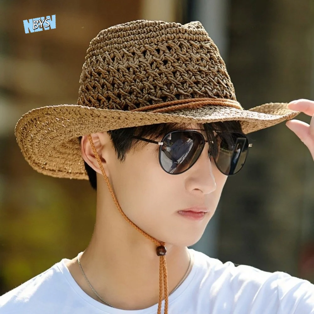 

Retro Wide Brim Sunscreen Straw Hat Solid Color Hollow Out Western Cowboy Hat Ethnic Style Bucket Hat Fisherman Hat Outdoor