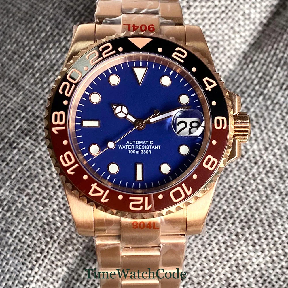 Imagem -02 - Relógio Masculino Estéril com Mostrador Azul Movimento Mecânico Automático Banhado a Ouro Rosa Cristal de Safira Data Pulseira 316l Nh35a 40 mm 10atm