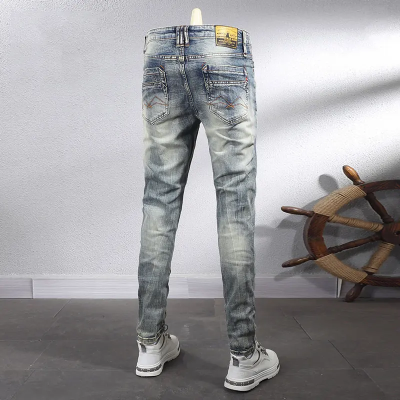 

Italian Style Fashion Men Jeans Retro Washed Stretch Slim Fit Designer Ripped Jeans Men Winter Warm Velvet Vintage Denim Pants