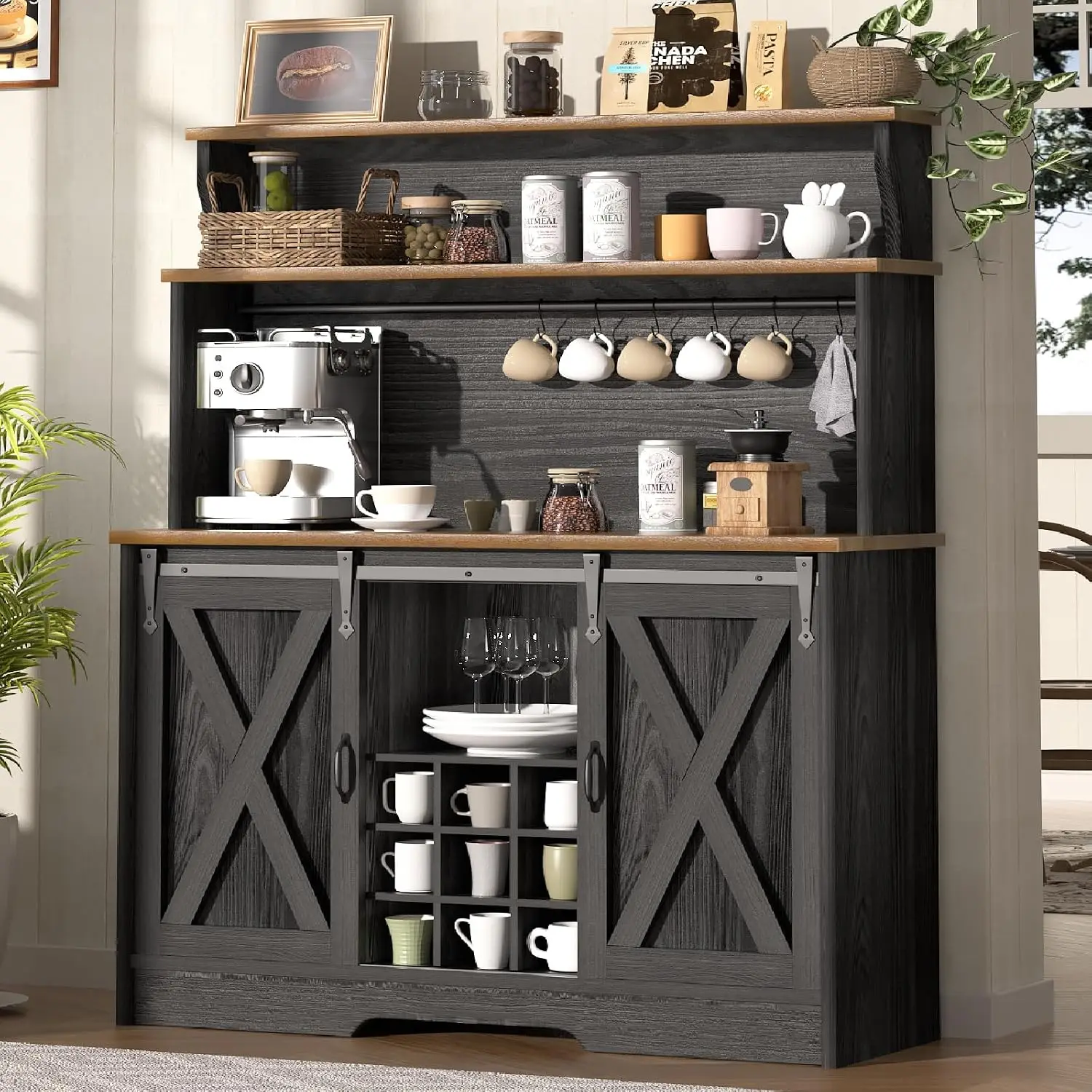 Farmhouse Coffee Bar Cabinet 3-Tier Hutch, 47