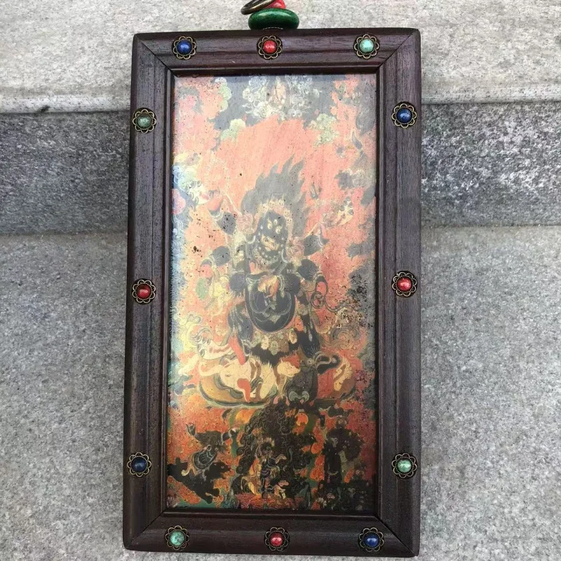 

Tibetan Style Wooden Frame Inlaid Thangka Big Black King Kong Buddha Statue Hanging Painting Table Setting Guanyin Bodhisattva E