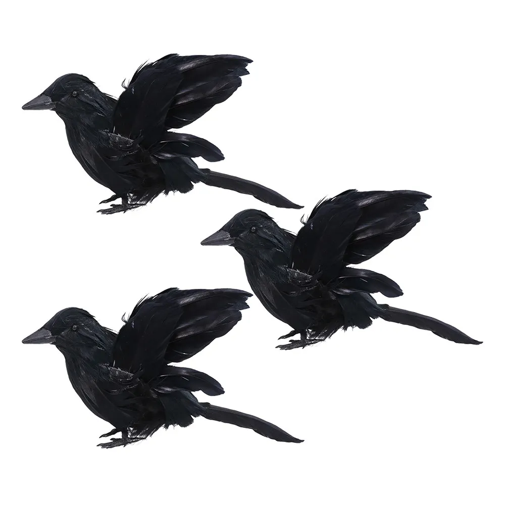 3Pcs Crow Decorations Black Realistic Halloween Crow Ornaments Props for Indoor Outdoor Halloween Party Garden Decor