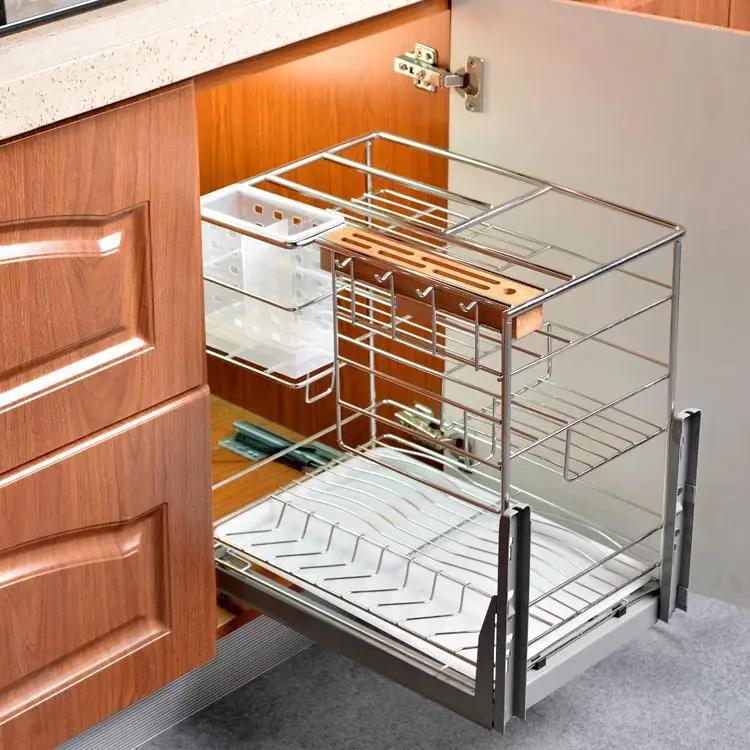 

Stainless steel kitchen basket cabinet push-pull three-layer dish storage rack seasoning basket
