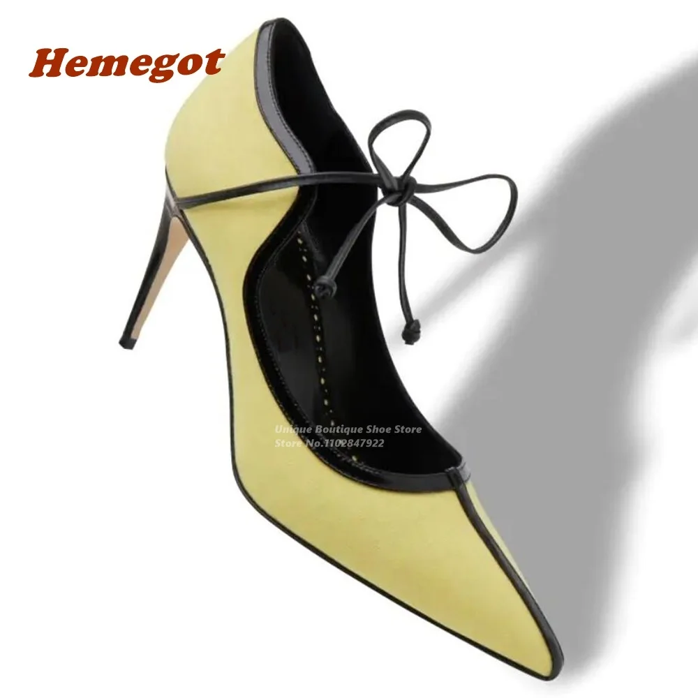 Women's Pumps Yellow and Black Linen Scalloped Stiletto Heels Women's Party Shoes Pointy Toe Shallow Lace Up Sandals 2023 New