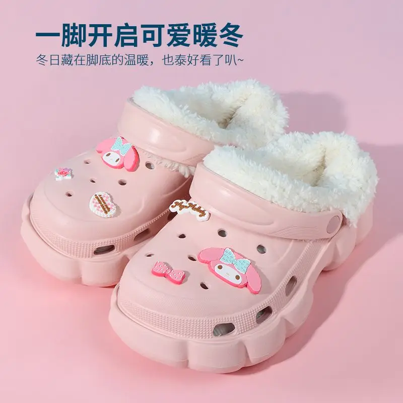 Cute Sanrio Kuromi My Melody Hellokittys Detachable Cotton Shoes with Thick Sole Anti Slip and Warm Insulation Plush slippers