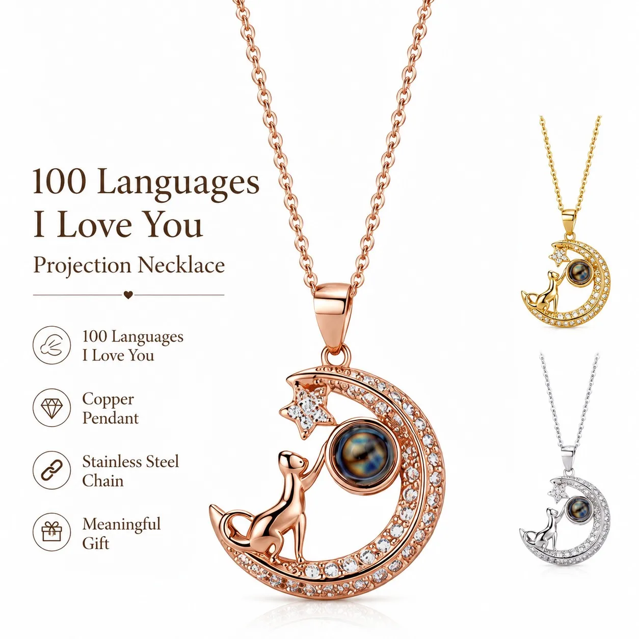 100 Languages Projection Pendant Moon Cat Necklaces For Women With Rose Gift Box Christmas Valentine Birthday Jewelry